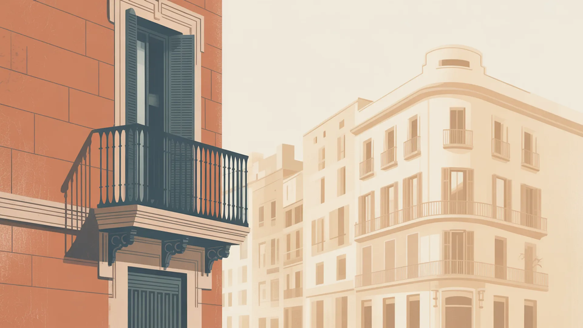 Minimal editorial illustration of Barcelona street architecture, muted palette, no people.