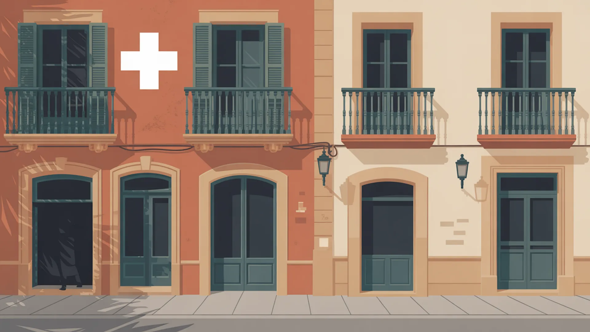 Barcelona street scene with pharmacy and medical building shapes