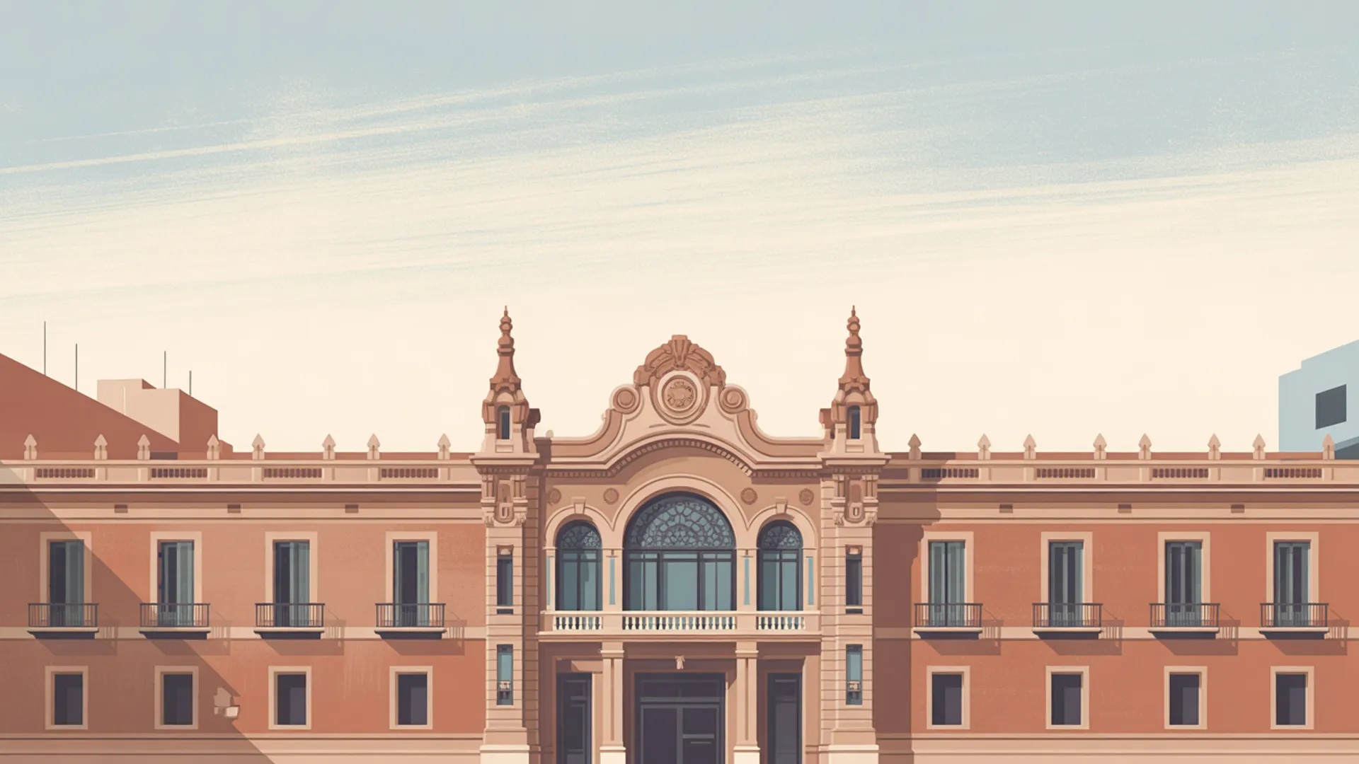 Minimal editorial illustration of Barcelona administrative architecture, muted palette, no people.