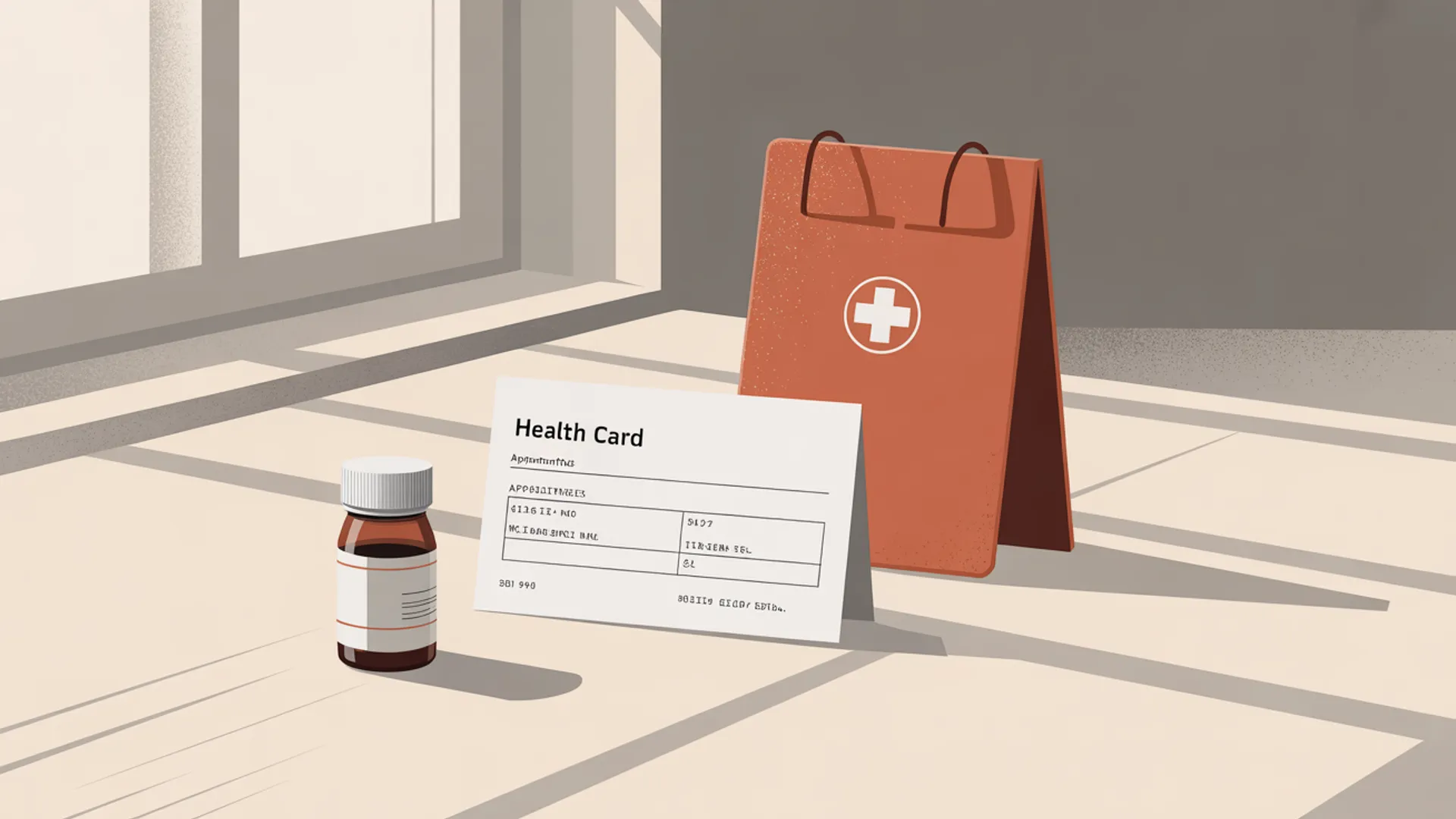 Health card, appointment slip, and documents on a table