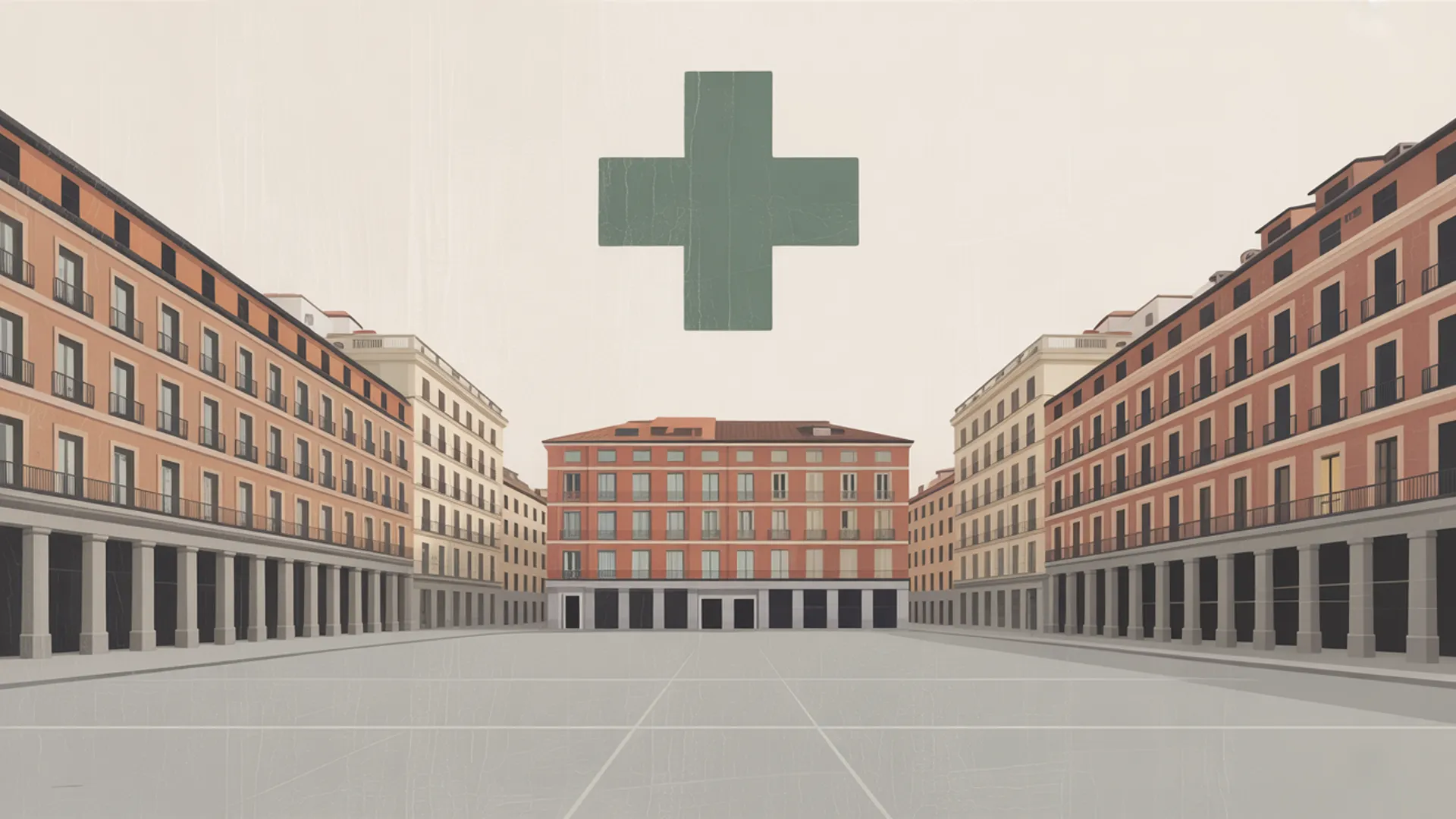Madrid street scene with pharmacy and medical building shapes