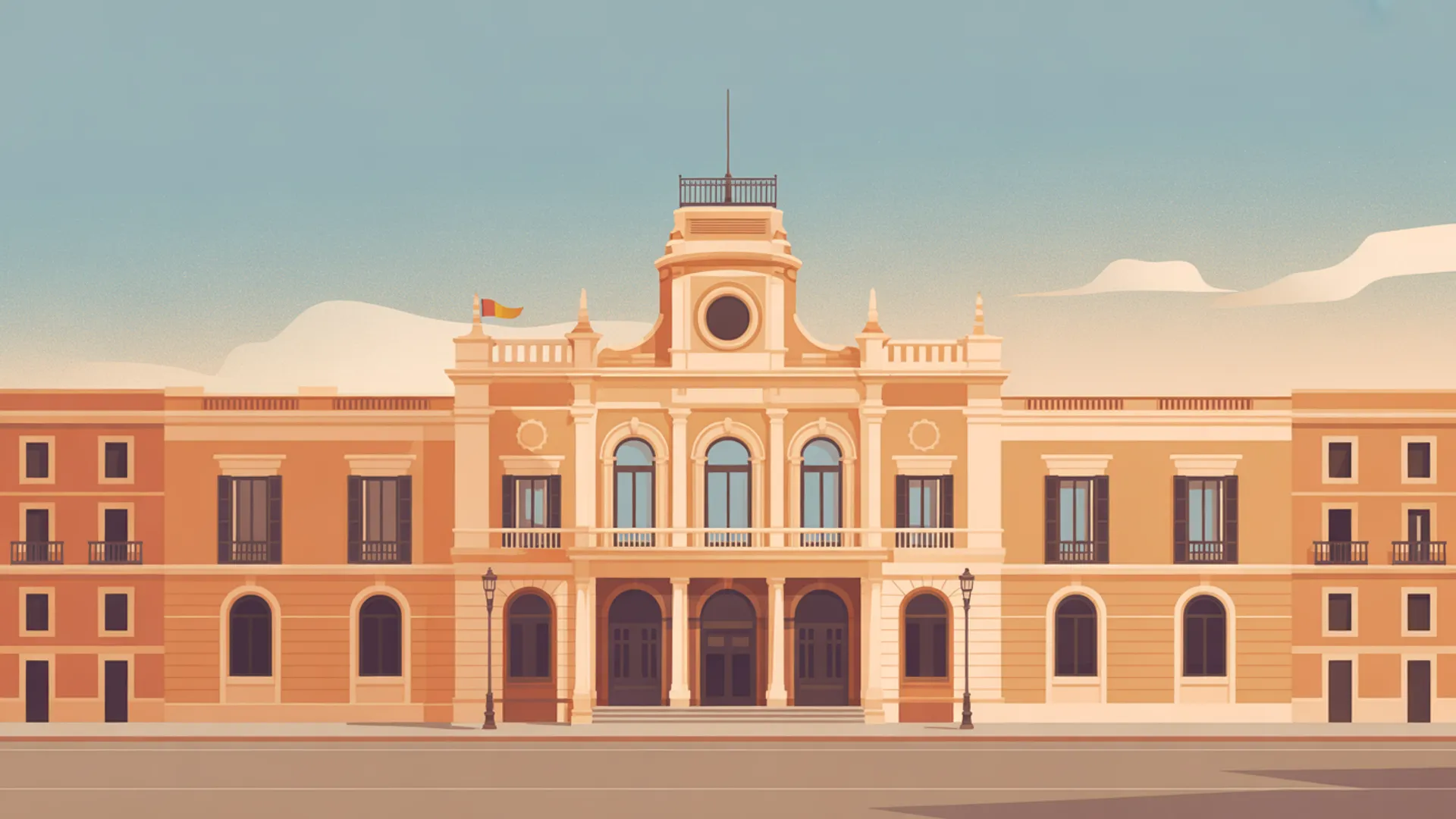 Minimal editorial illustration of Valencia administrative architecture, muted palette, no people.