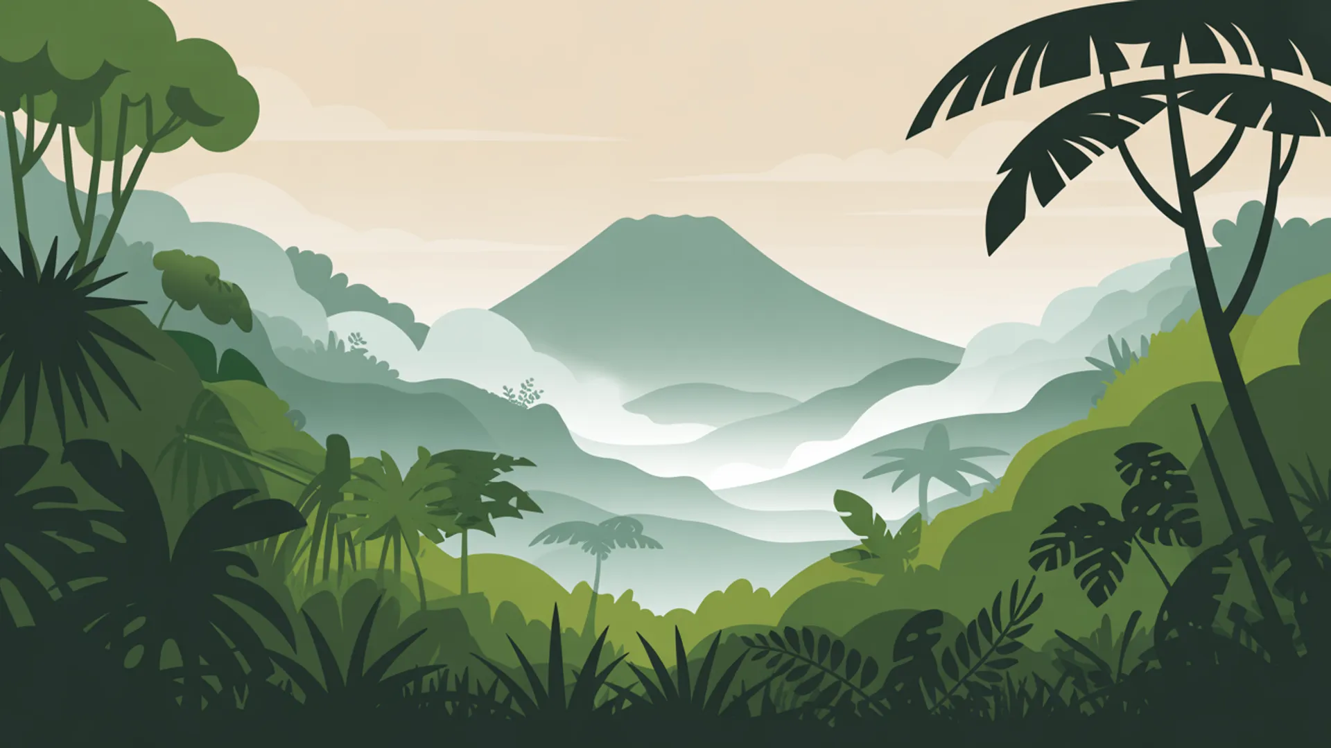 Costa Rican cloud forest with misty mountains and tropical vegetation