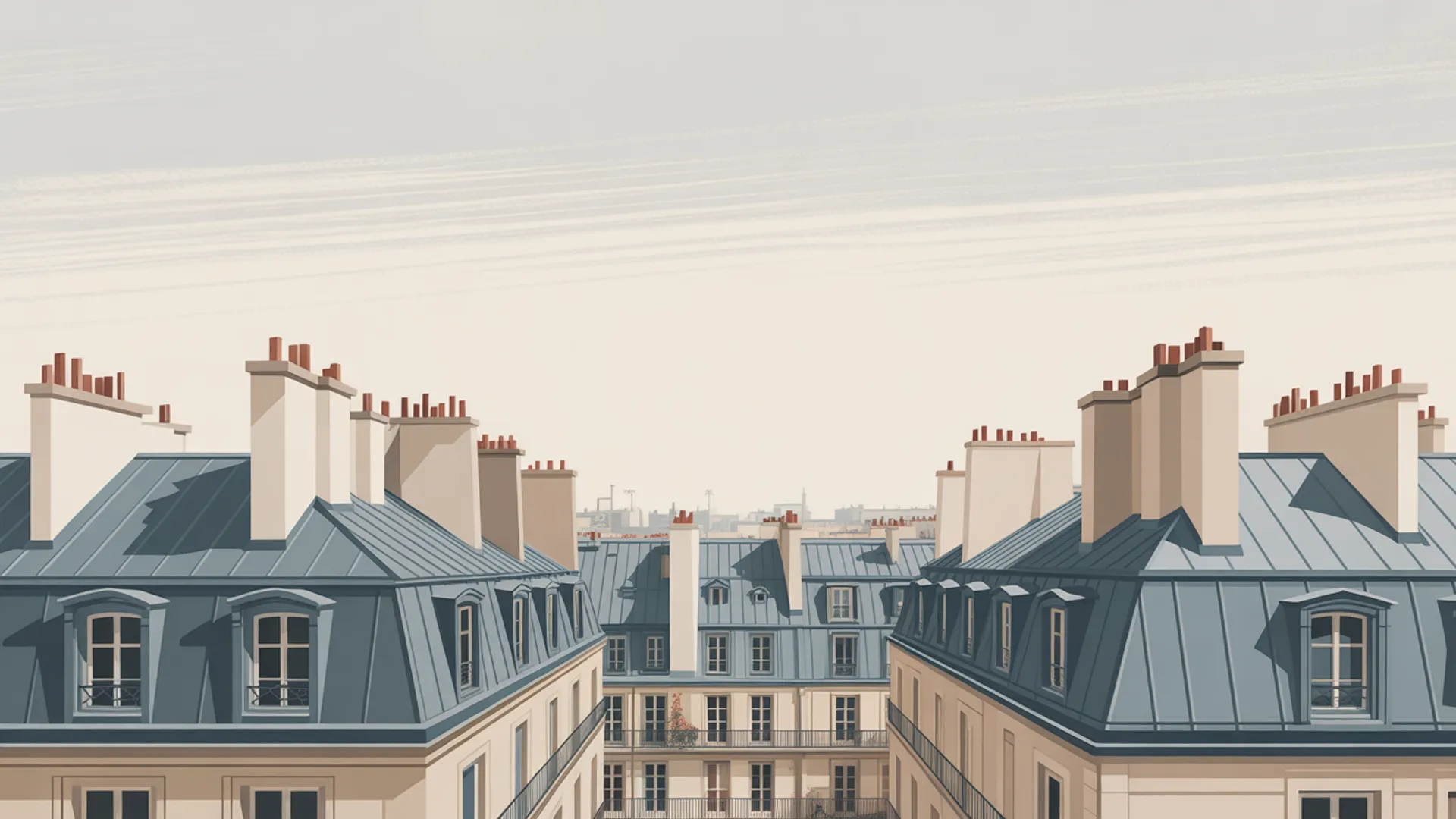 Parisian zinc rooftops with chimneys and Haussmann architecture