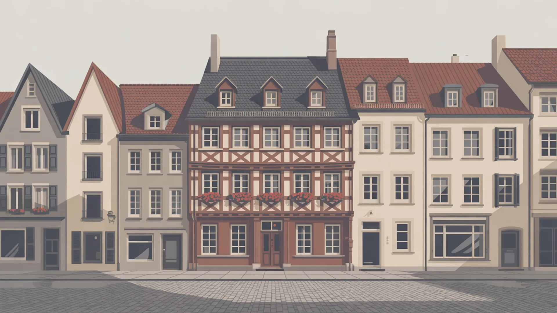 German half-timbered building with window boxes and cobblestone street