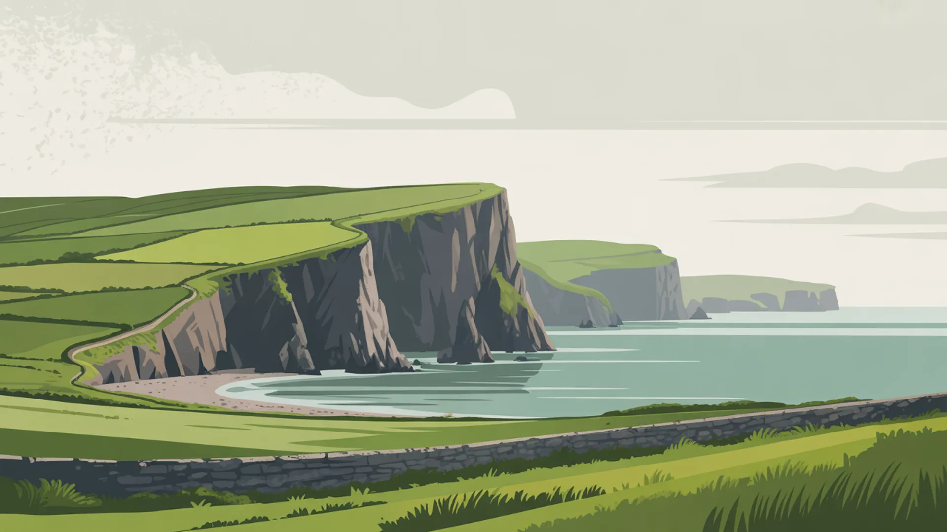 Irish coastal cliffs with rolling green fields and stone walls