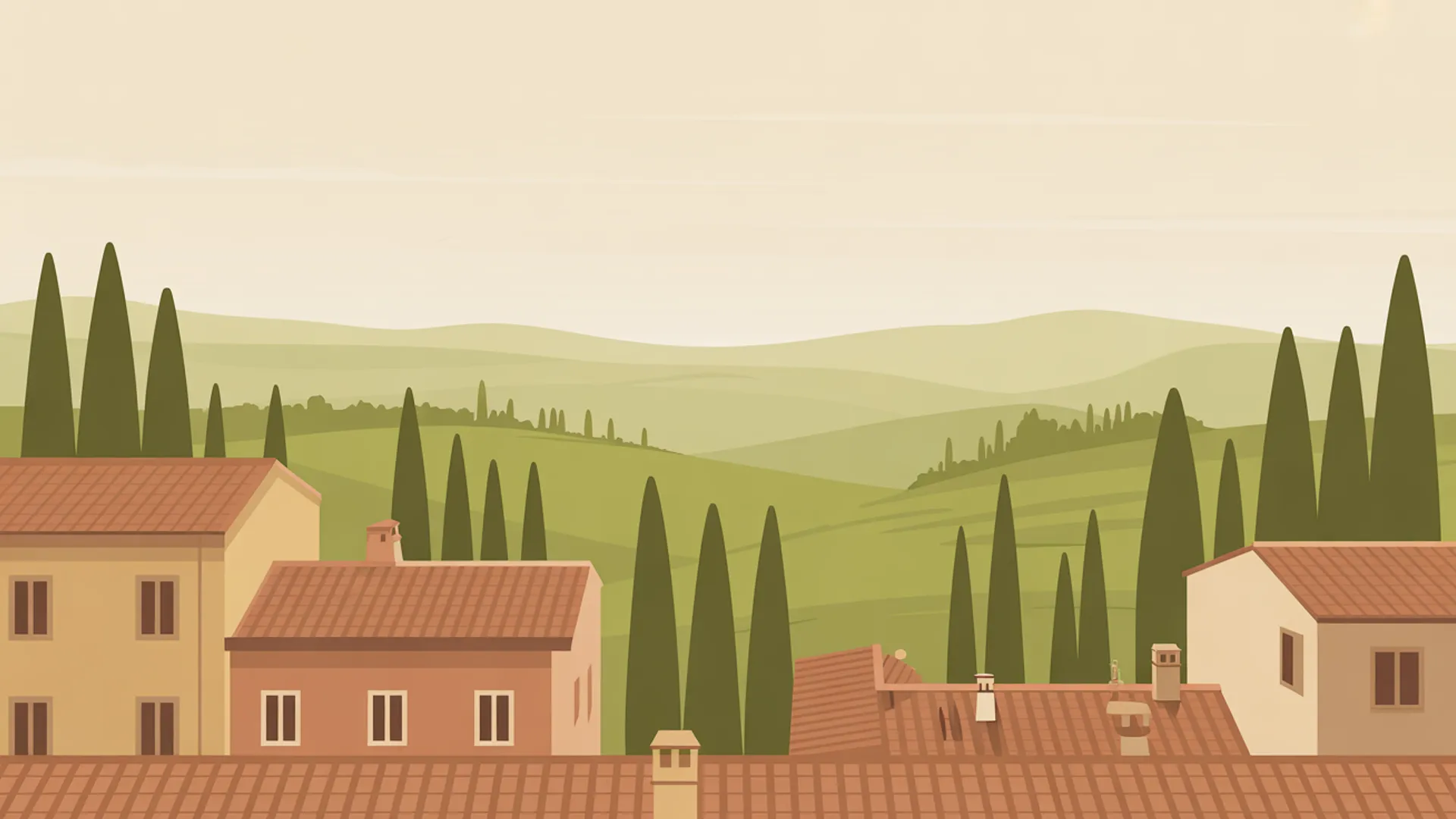 Italian terracotta rooftops with cypress trees and Tuscan hills