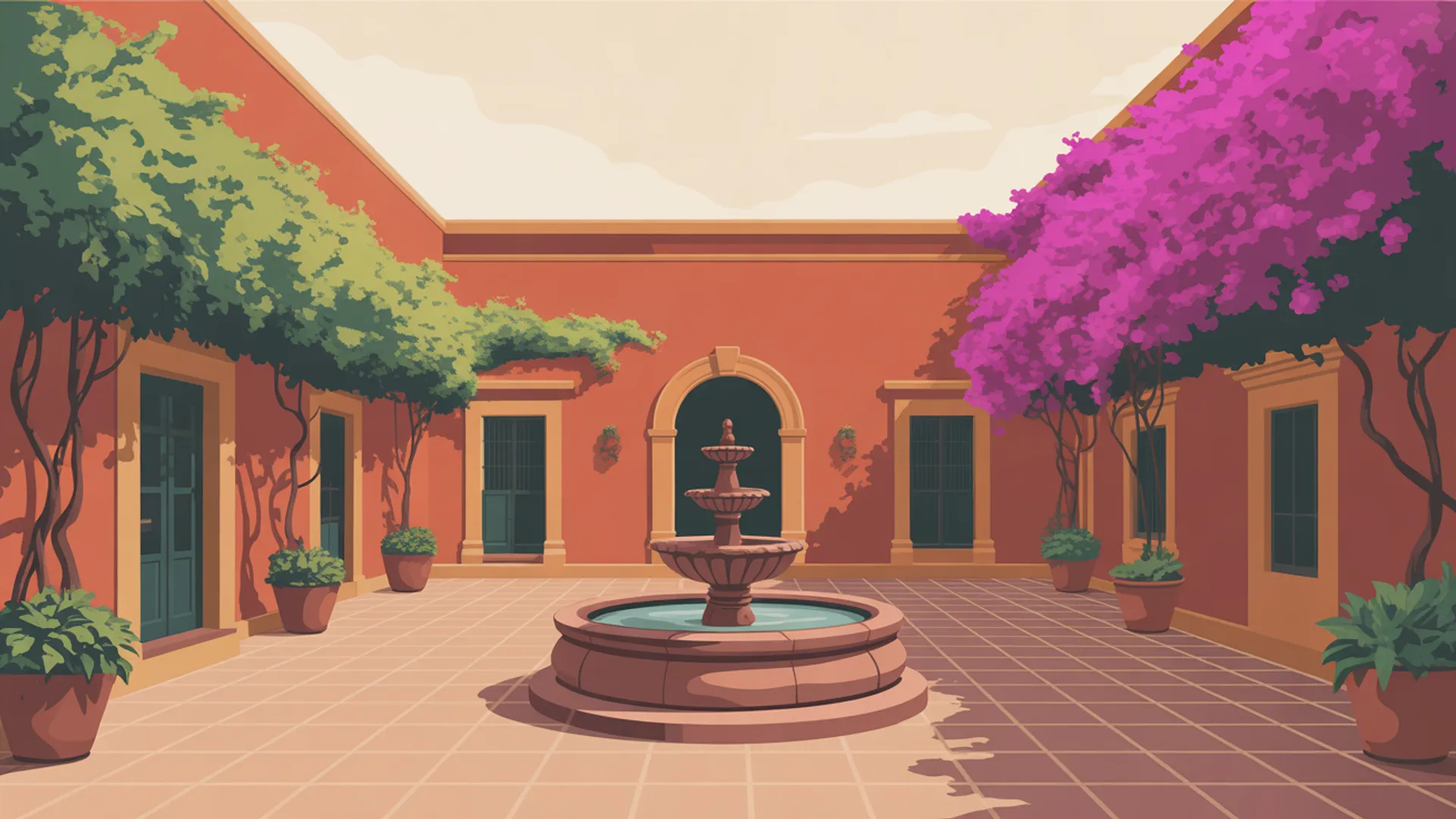 Mexican colonial courtyard with colorful bougainvillea and stone fountain