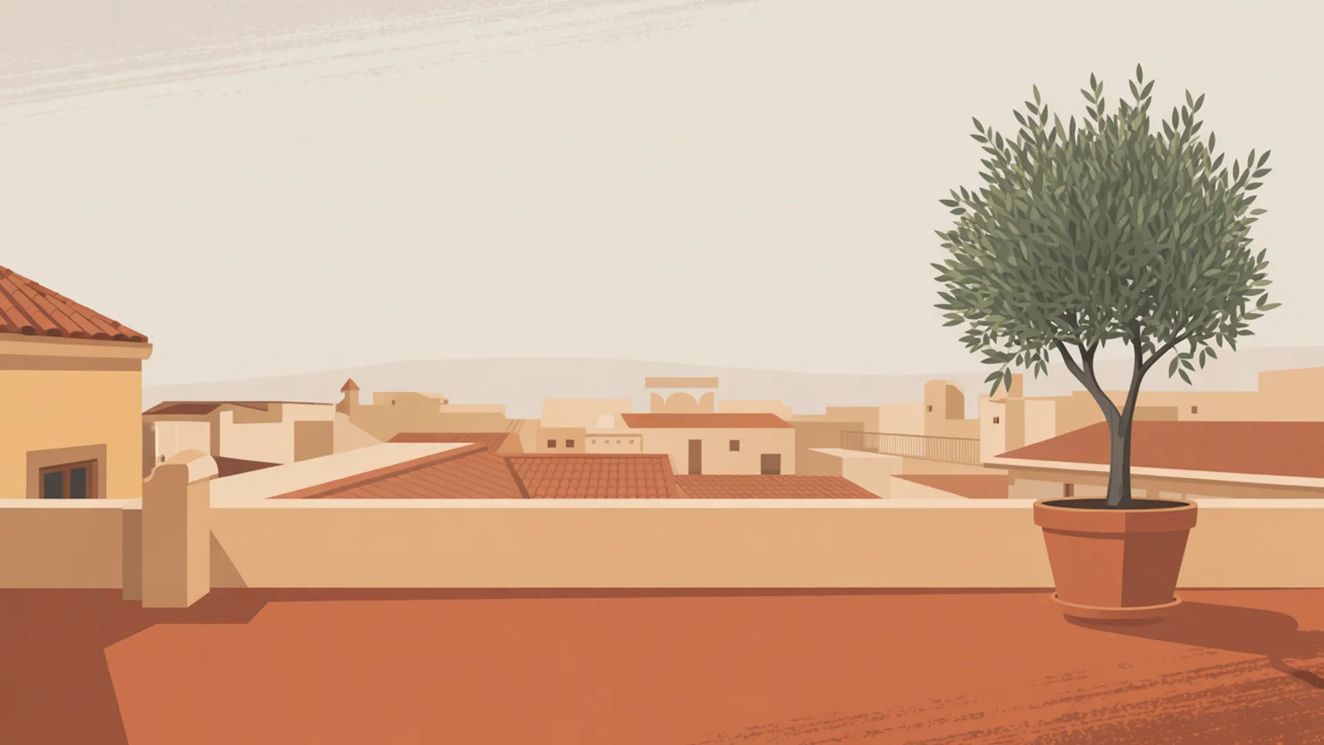 Spanish terracotta rooftops with Mediterranean architecture and olive tree