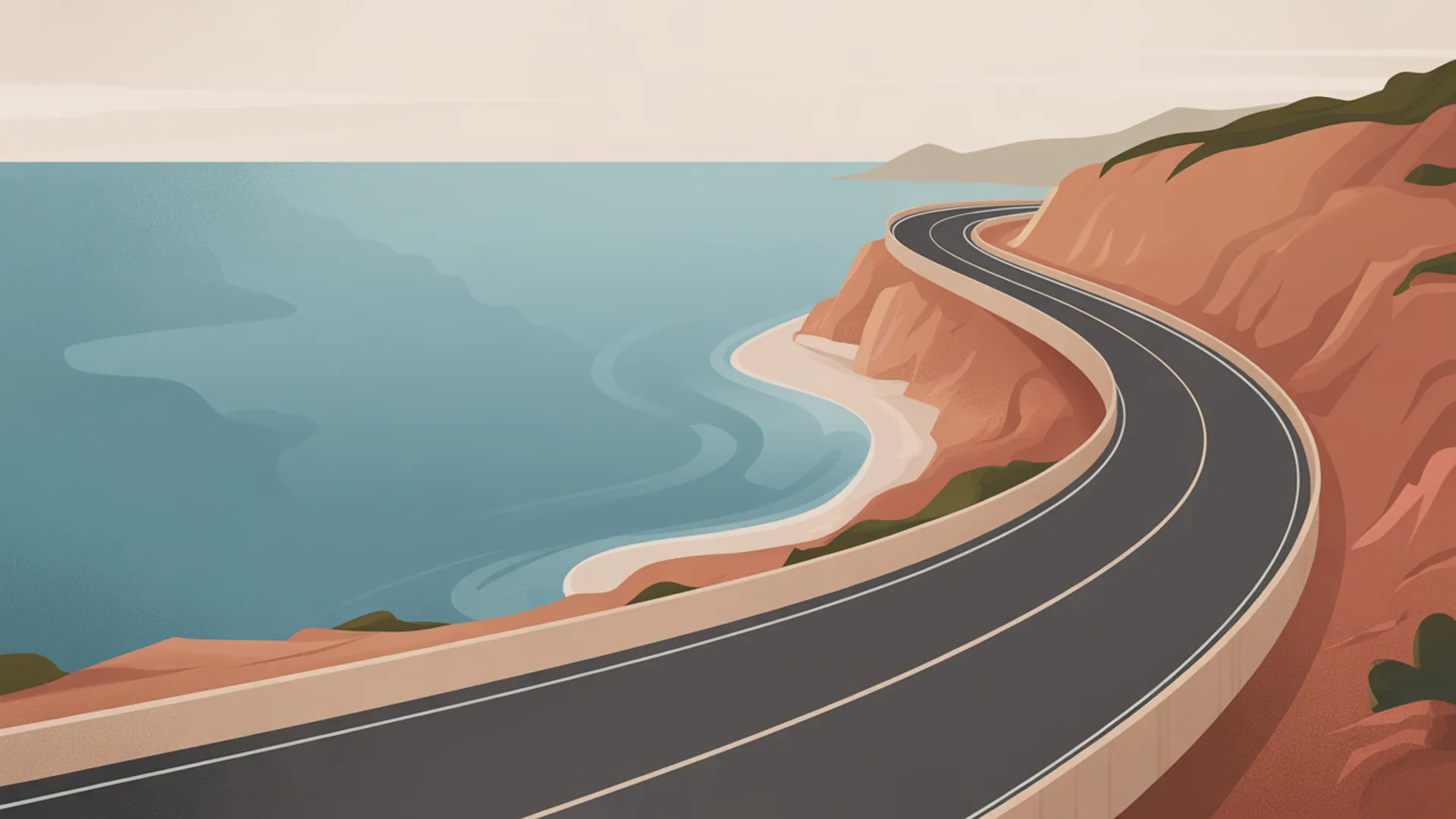 Winding coastal road from above following the natural curves of Mediterranean cliffs