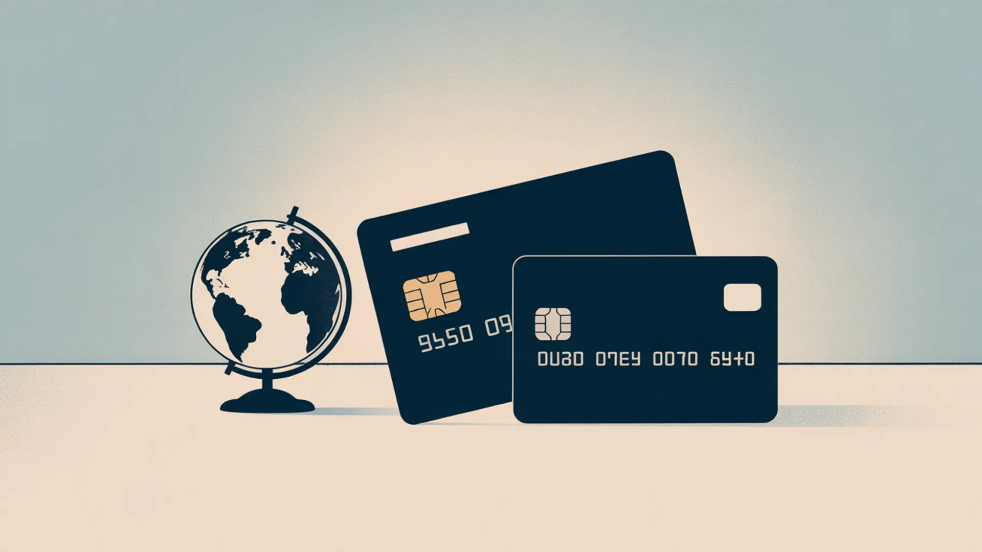 Minimal illustration of payment cards and globe silhouette
