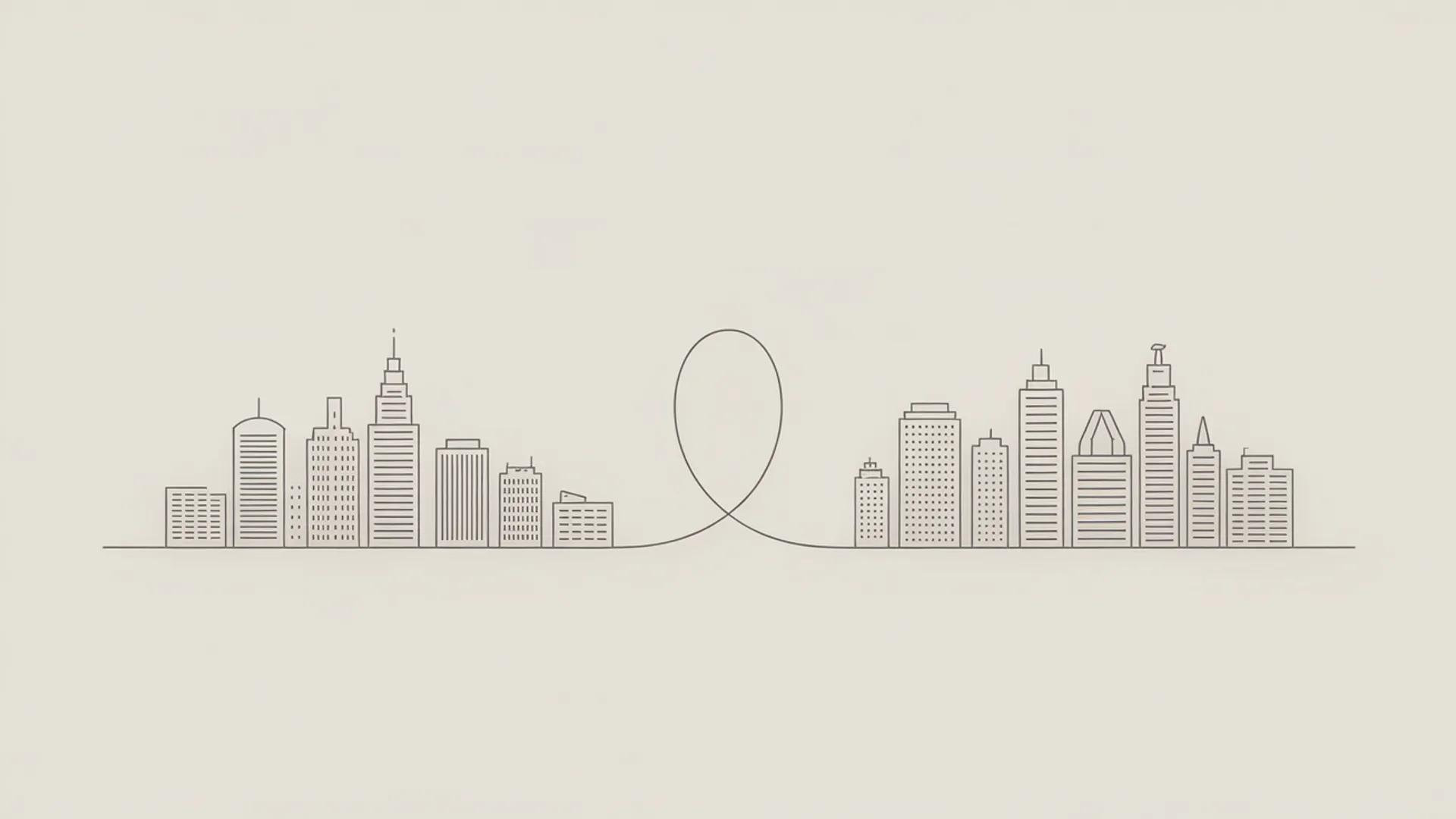 Minimal illustration of two city skylines connected by a curved line