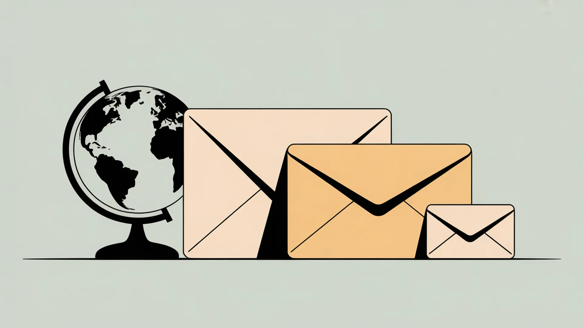 Minimal illustration of a calm desk scene with generic envelopes and a globe silhouette