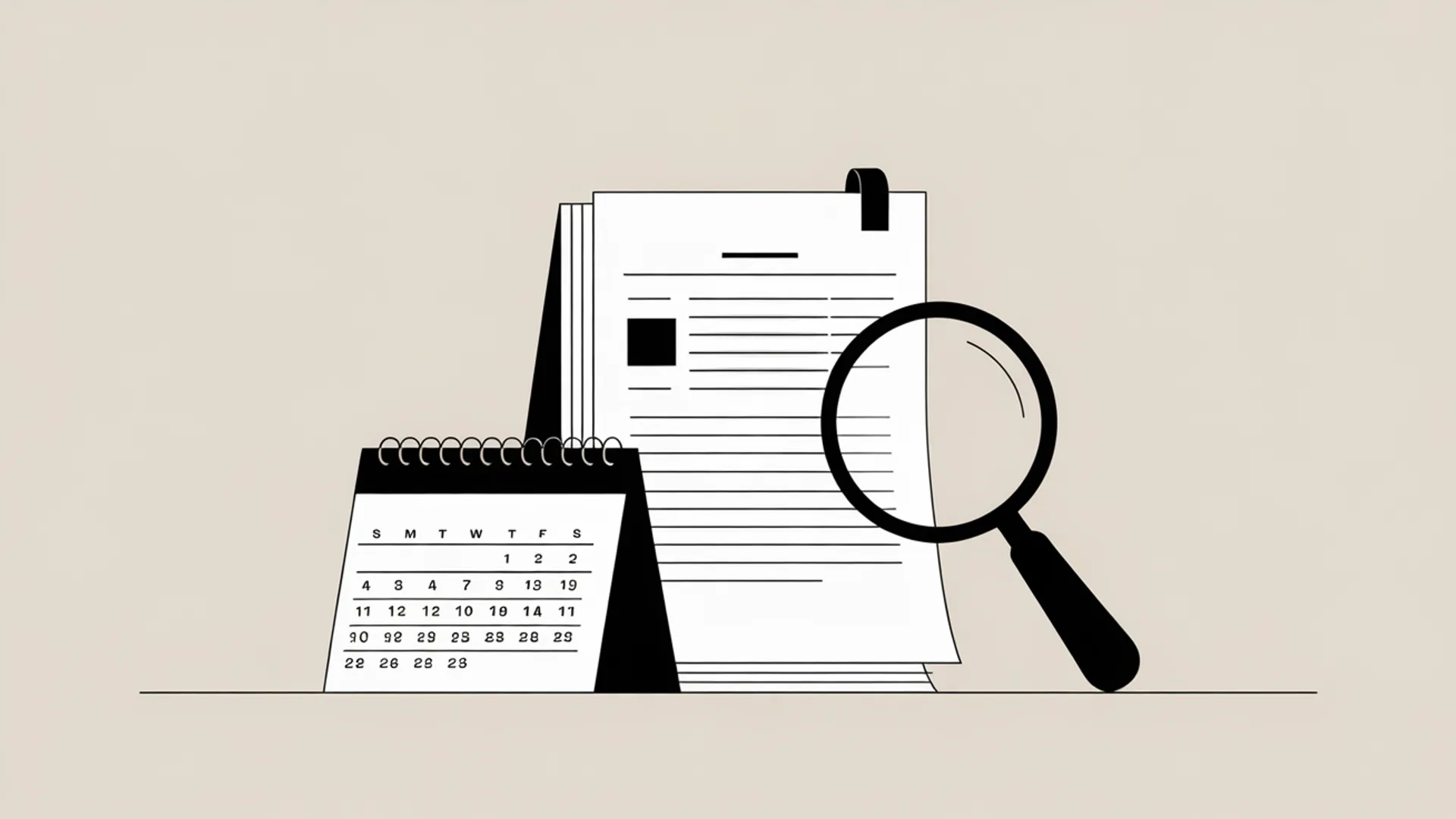 Minimal illustration of documents, calendar, and magnifying glass