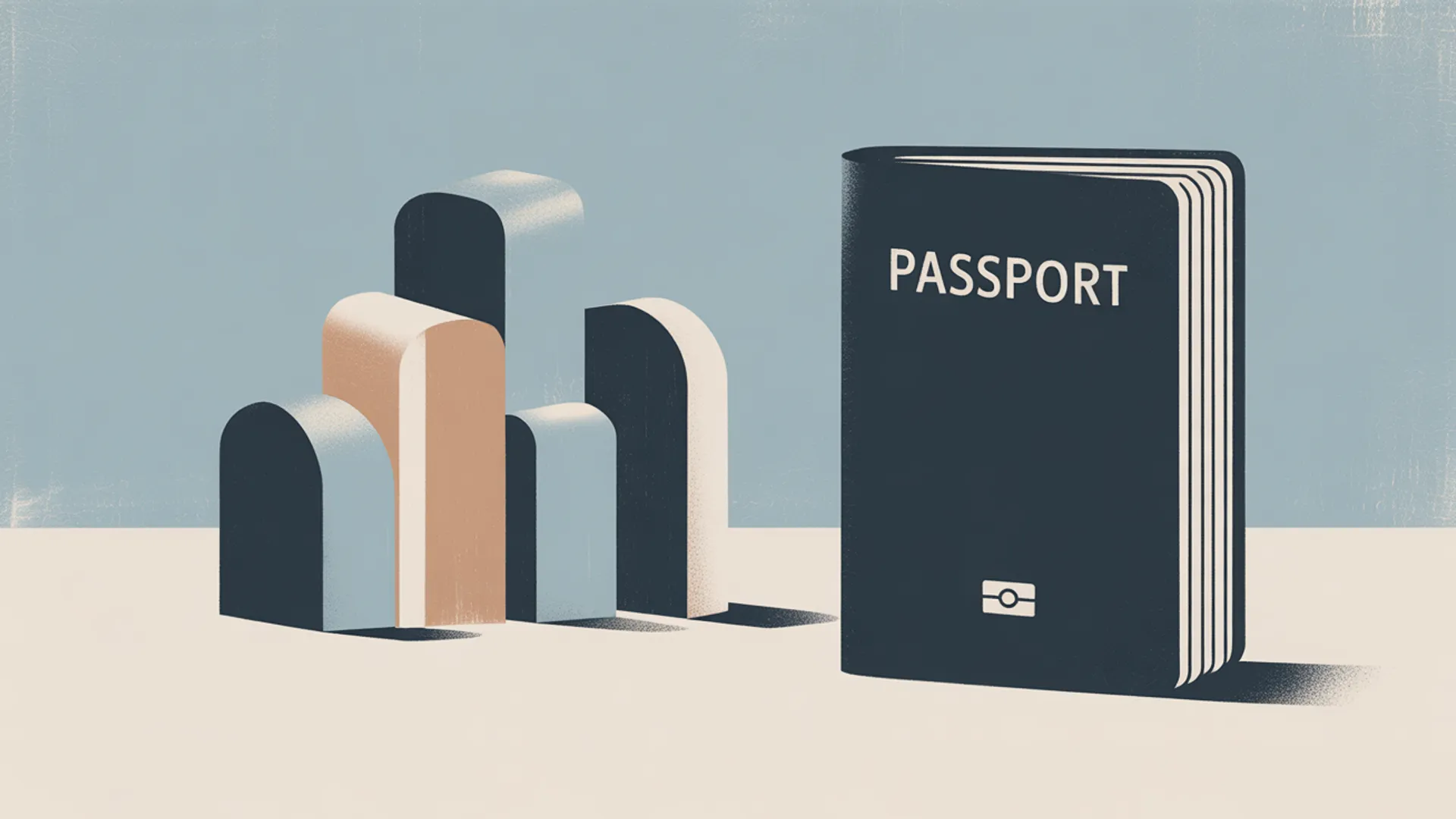 Minimal illustration of passport and bank building silhouettes