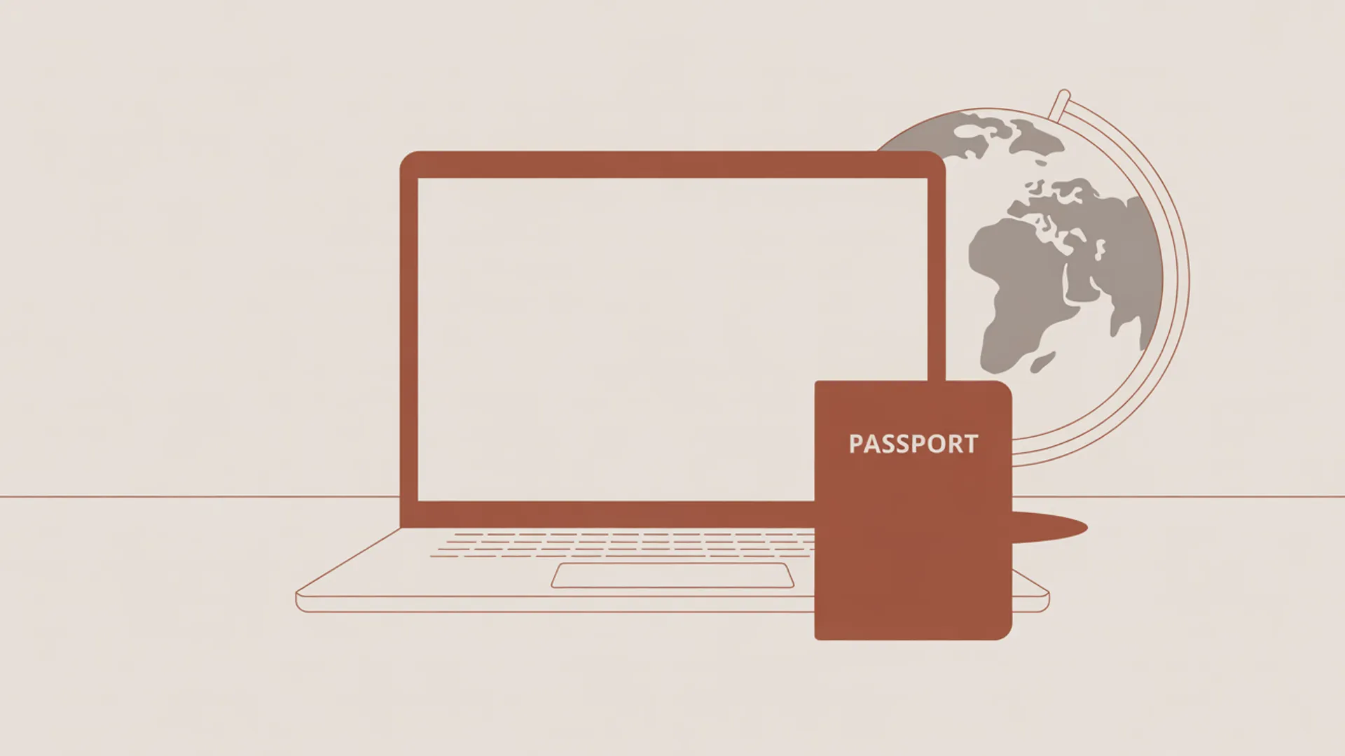 Minimal illustration of laptop and passport silhouettes